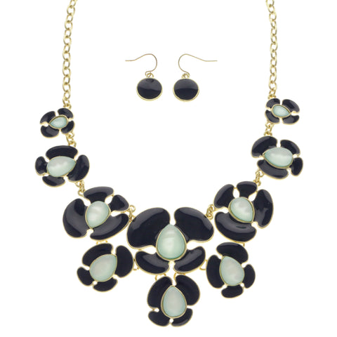 Mi Amore Flower Necklace-Earring-Set Blue/Gold-Tone