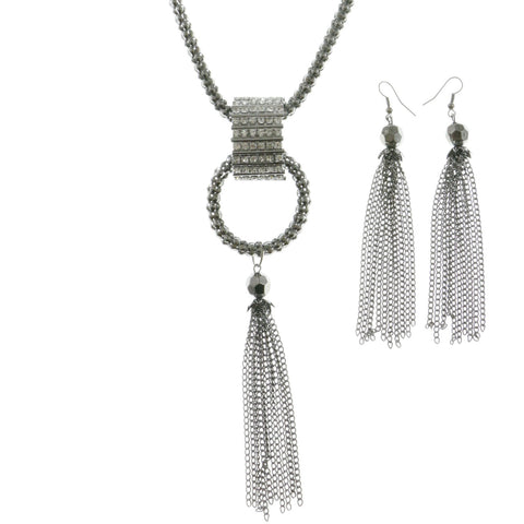 Mi Amore Tassels Necklace-Earring-Set Silver-Tone