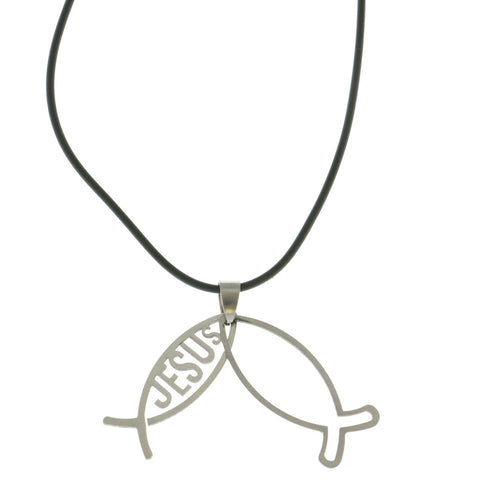 Mi Amore Jesus Fish Adjustable Pendant-Necklace Black & Silver-Tone