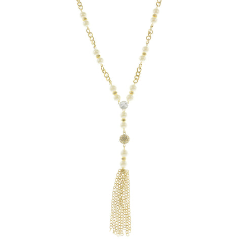 Mi Amore Tassels Long-Necklace Gold-Tone/White