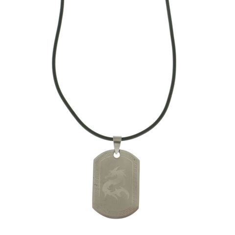 Mi Amore Dragon Dog Tag Adjustable Pendant-Necklace Silver-Tone & Black