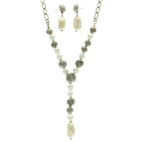 Mi Amore Necklace-Earring-Set Silver-Tone/White