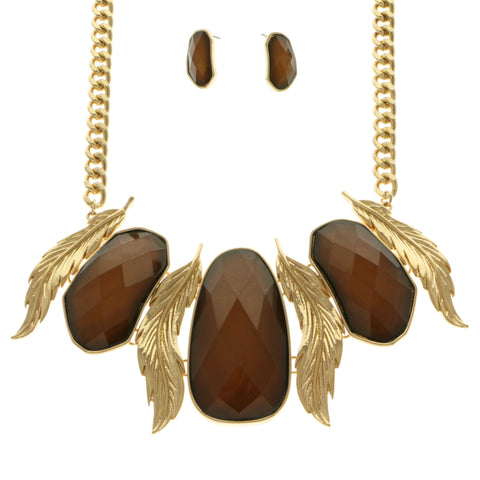 Mi Amore Feathers Necklace-Earring-Set Brown/Gold-Tone