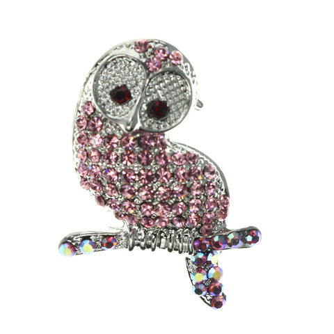 Mi Amore Perched Owl AB Finish Brooch-Pin Pink & Silver-Tone