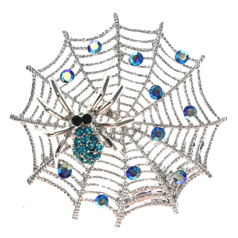 Mi Amore Spider Web Spider AB Finish Brooch-Pin Silver-Tone & Blue