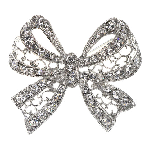 Mi Amore Bow  AB Finish Brooch-Pin Silver-Tone