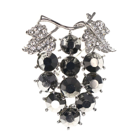 Mi Amore Grapes Leaf Brooch-Pin Silver-Tone & Black