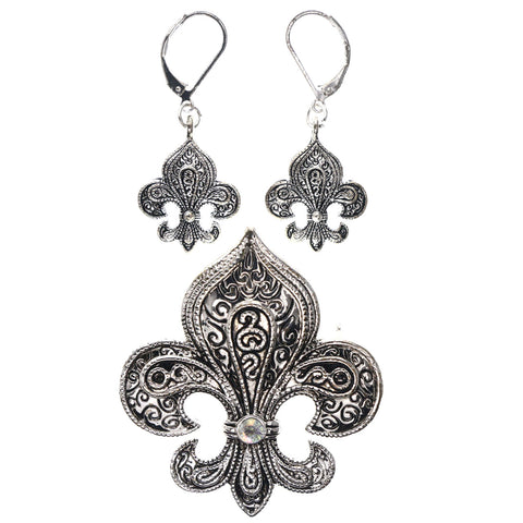 Mi Amore Fleur De Lis Convertible Necklace Pendant Pin-Earring-Set Silver-Tone