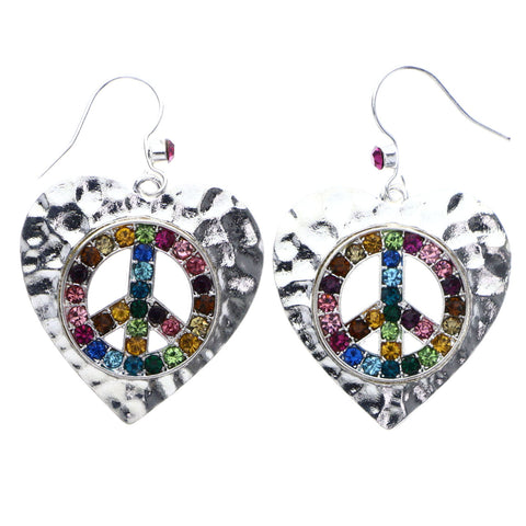 Mi Amore Textured Peace Sign Heart Dangle-Earrings Silver-Tone & Multicolor