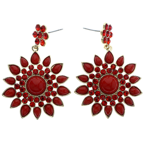 Mi Amore Flower Drop-Dangle-Earrings Red/Gold-Tone