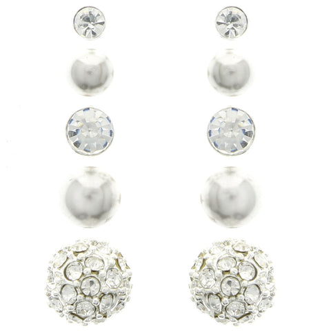 Mi Amore Crystal Multiple-Earring-Set Silver-Tone/White