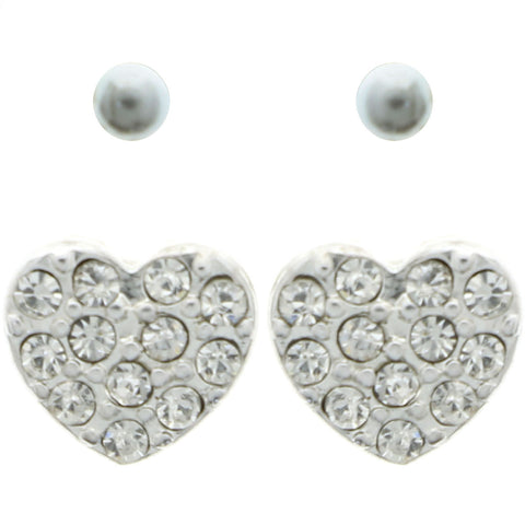 Mi Amore Heart Multiple-Earring-Set Silver-Tone/White