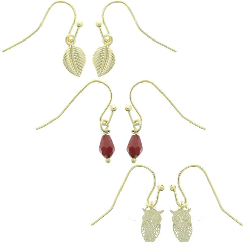 Mi Amore Leaf Owl Multiple-Earring-Set Gold-Tone/Red