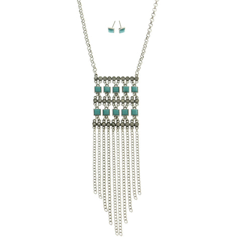 Mi Amore Tassel Necklace-Earring-Set Silver-Tone/Blue