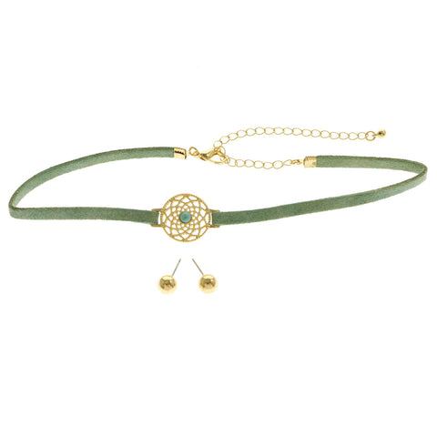 Mi Amore Necklace-Earring-Set Green/Gold-Tone