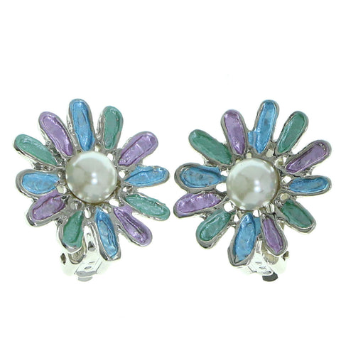 Mi Amore Flower Clip-On-Earrings Silver-Tone/Multicolor
