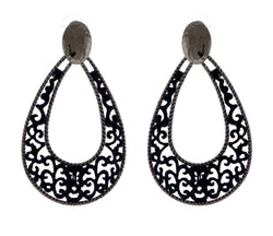Rhodium Tear Drop Shaped Drop Dangle Earrings With Black Filigree Design TME1430