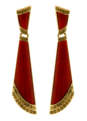 Gold-Tone & Red Colored Metal Dangle-Earrings With Stone Accents #2251