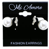 Mi Amore Bow Ball Back Post-Earrings White & Silver-Tone