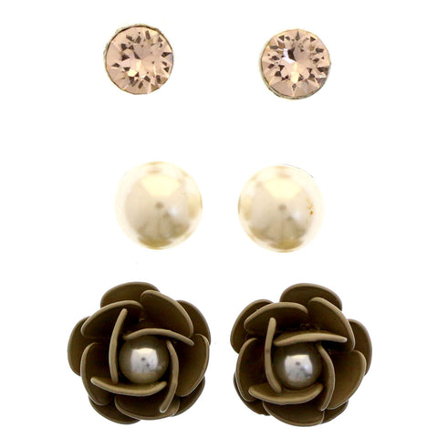 Mi Amore Flower Multiple-Earring-Set Silver-Tone/Brown