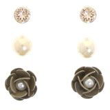Mi Amore Flower Multiple-Earring-Set Silver-Tone/Brown
