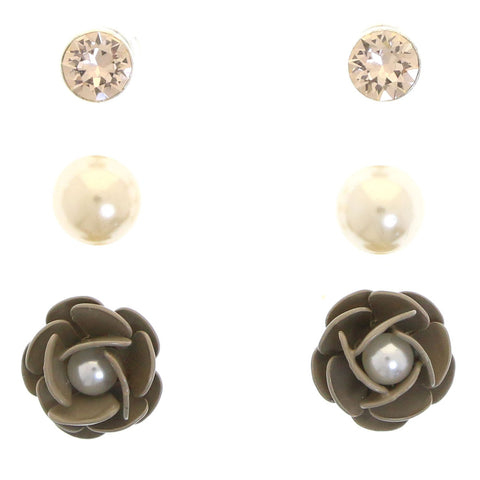 Mi Amore Flower Multiple-Earring-Set Silver-Tone/Brown