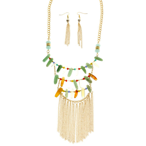 Mi Amore Tassel Adjustable Necklace-Earring-Set Multicolor & Gold-Tone