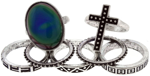 Silver-Tone 7 Piece Mutliple Ring Set - Mi Amore
