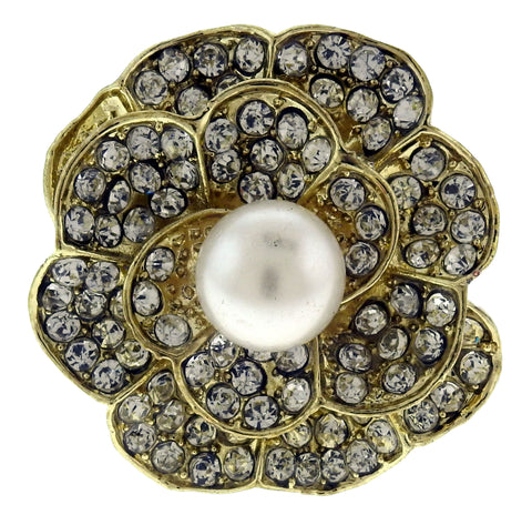 gold stretch ring with pave rhinestone and simulated pearl accents